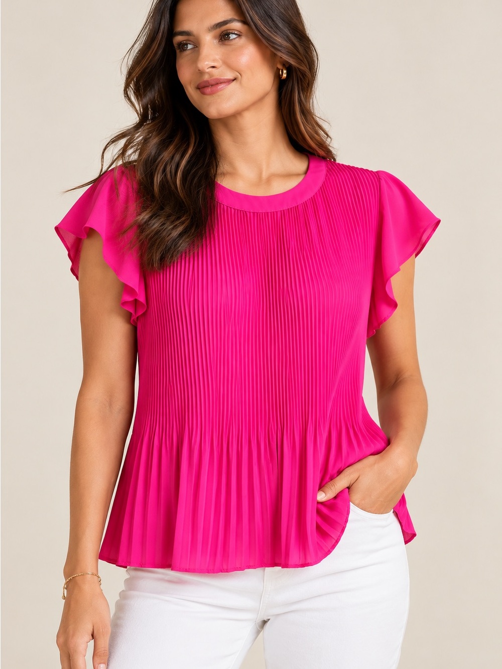 Adrianna Papell Hot Pink Pleated Flutter-Sleeve Blouse L